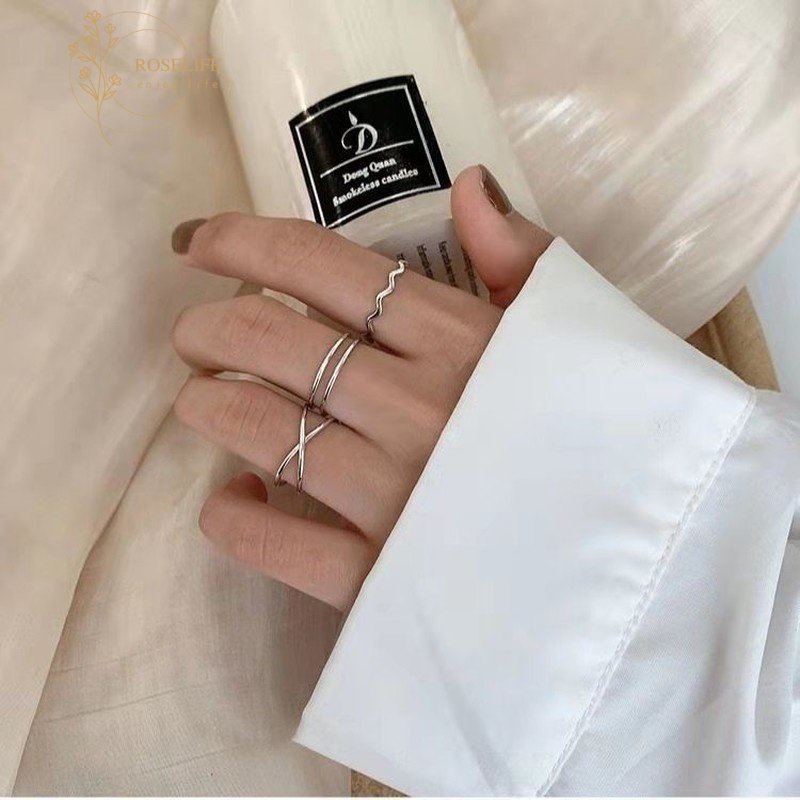 Roselife 3PCs / Set Cincin Gaya Korea Desain Geometri Gelombang Silang Warna Silver Untuk Wanita