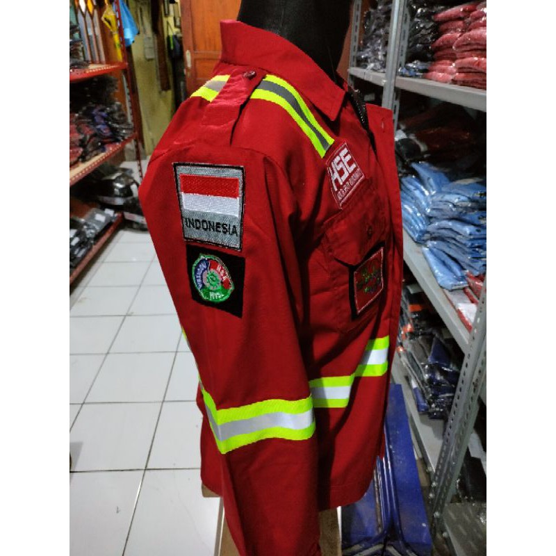 SERAGAM SAFETY HSE TEAM MERAH ATRIBUT LENGKAP RESLETING / KANCING ATASAN