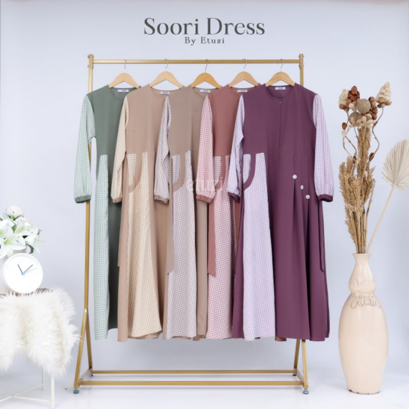 Soori dress etuzi gamis polos motif kotak premium size xs - s