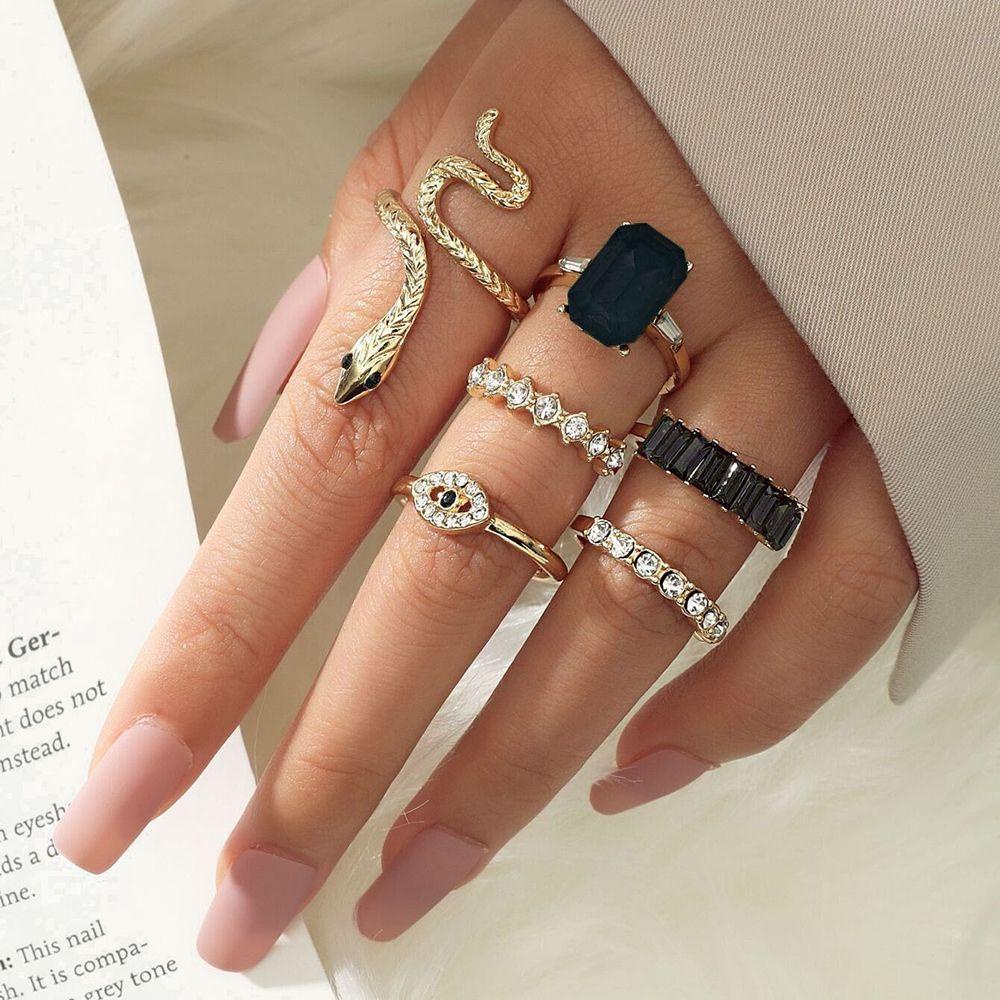 [Elegan] Set Cincin Ular Geometris Gotik Adjustable Emerald Zircon Knuckle Ring Vintage Hijau Berlian Imitasi Alloy Kristal Gaya Korea Jari Cincin