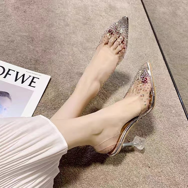 Korean Rhinestone PVC Transparant Pointy Kitten Heels /Sepatu Heels 5054 (Size 36-39)