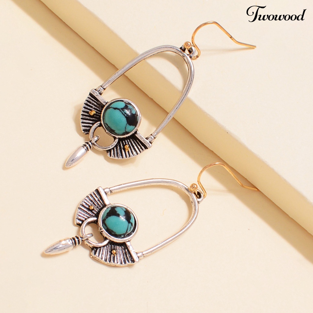 1 Pasang Anting Hook Panjang Bentuk Bulat Turquoise Gaya Bohemia Untuk Hadiah