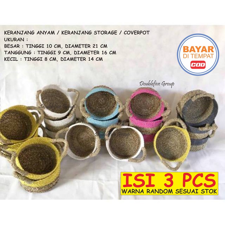 Hiasan Keranjang Anyam Kuping, Cover Pot Anyaman isi 3. Seagrass Basket (size 10,9,8) WARNA