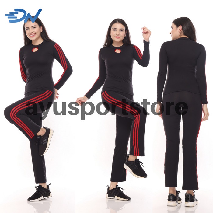 Baju set olahraga wanita jumbo hitam setelan senam aerobic panjang - Hitam, S