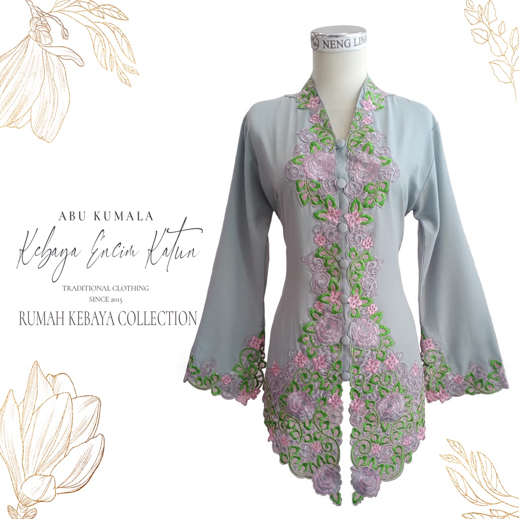 Kebaya Encim Kartini Katun Bordir Modern Abu Kumala Lengan Panjang Bigsize Jumbo