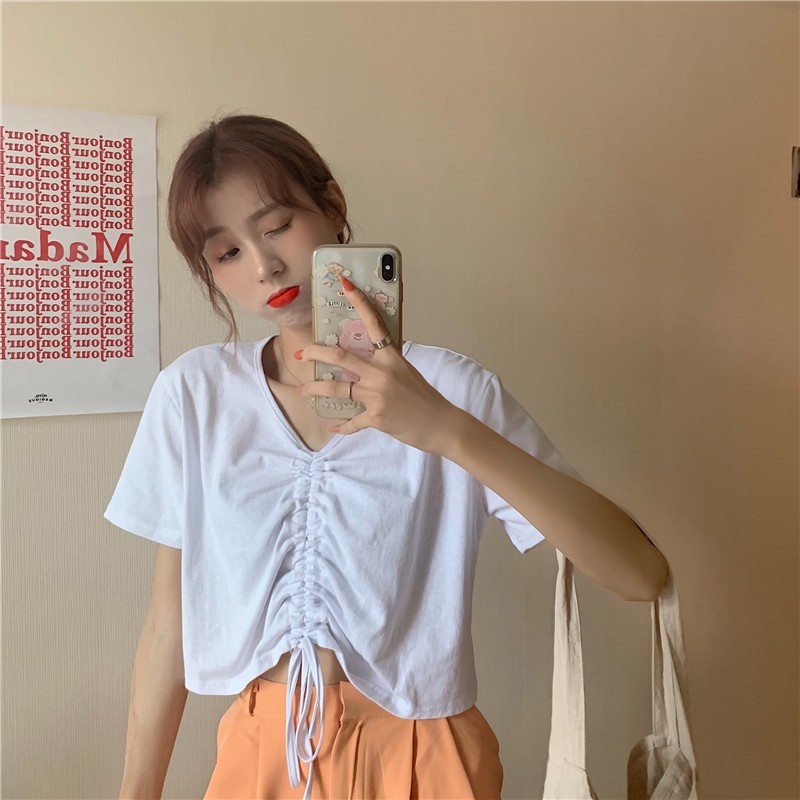 ANNA Kaos Crop Serut Atasan Wanita Korea NR