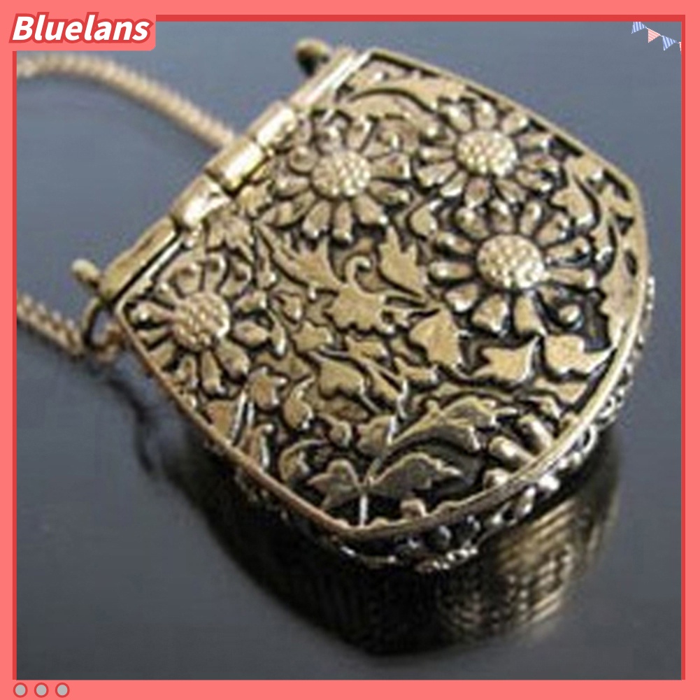 Bluelans Vintage Bag Shape Carved Bronze Locket Pendant Long Chain Sweater Necklace