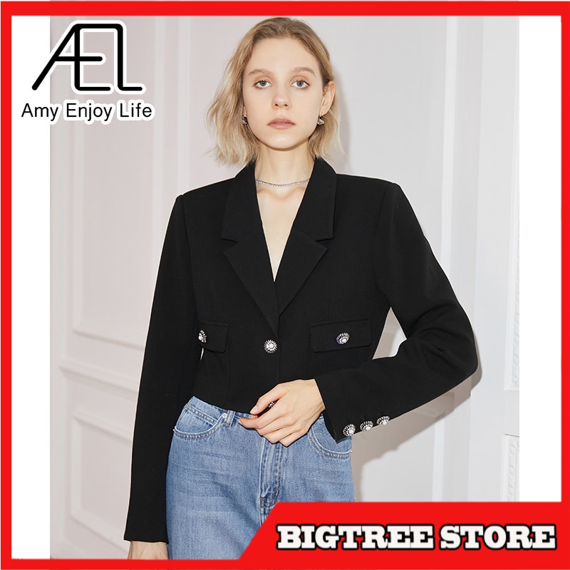 Blazer Wanita Korea Import Eksklusif Chic Long-sleeved Short  Lapel Black  Casual Ladies Streetwear