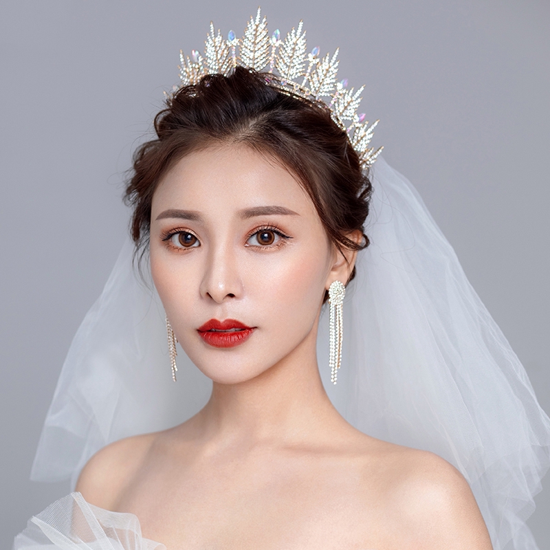 Set Tiara + Mahkota + Anting Warna Gold untuk Pengantin / Pernikahan