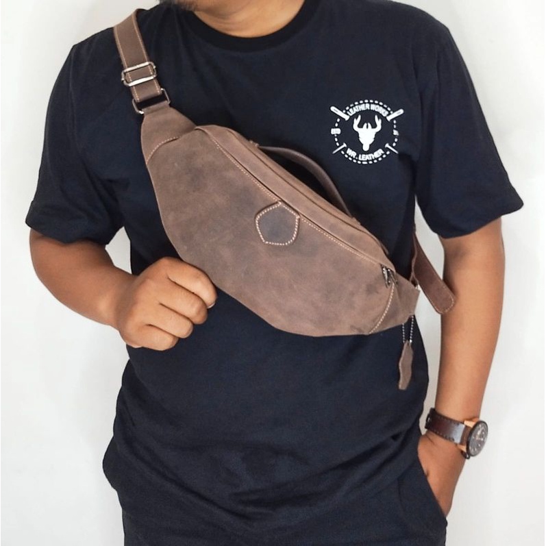 Tas waistbag pria kulit sapi asli crazy horse