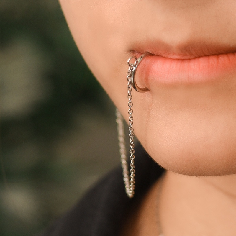 Anting Tindik Hidung / Bibir Palsu Model Rantai Panjang Gaya Punk