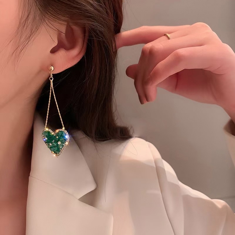 Anting Tusuk Gantung Bahan Sterling Silver 925 Desain Hati Hijau Gaya Koreavintageunik Untuk Wanita