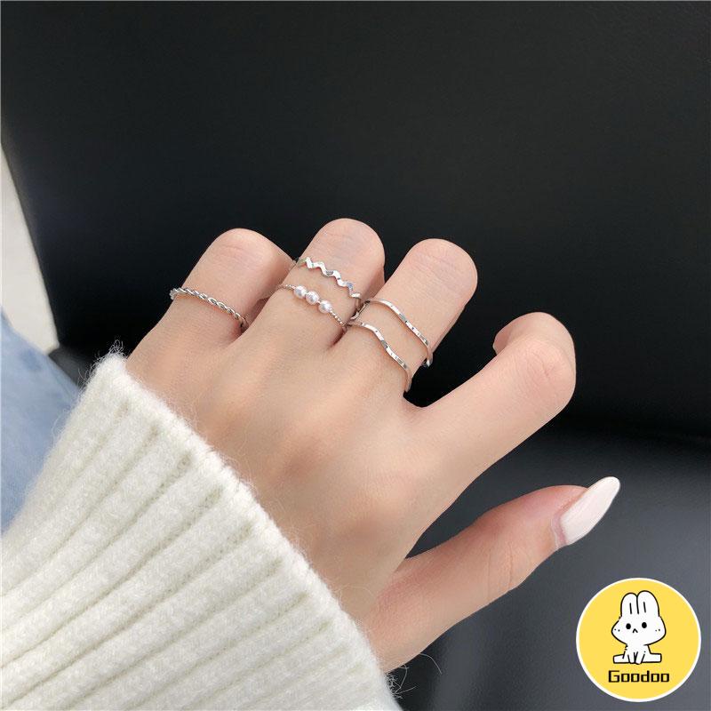 5 Pcs/set Cincin Korea Fashion Berlian Mutiara Aksesoris Untuk Wanita Rings-Doo