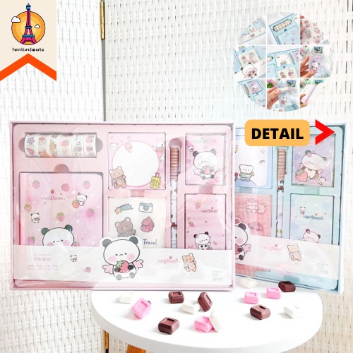 

Paket Jurnal 7 in 1 Karakter Panda Pink Biru Free Box Include Solatip Buku Mini Kertas Bintang Sticky Notes Sticker Sheet Pulpen Fancy Stuff Best Gift Present For Birthday Event Souvenir Alat Tulis Kantor Sekolah Grosir Kado Ulang Tahun READY COD