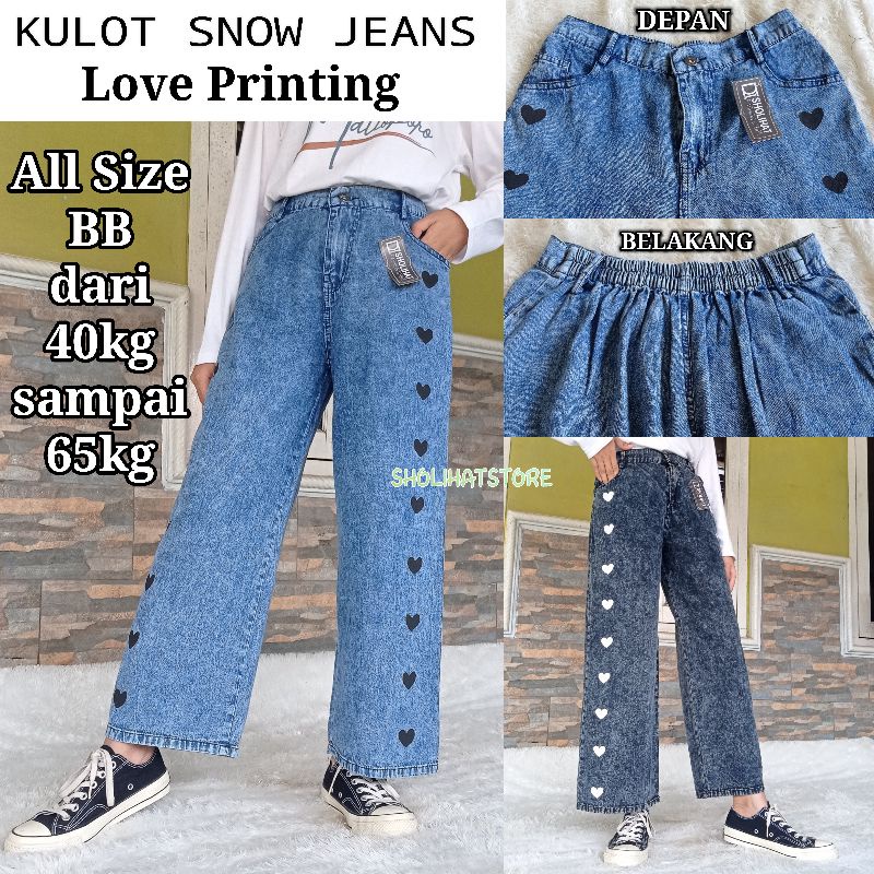 CELANA KULOT JEANS LOVE KANCING DAN SLETING PINGGANG KARET DI BELAKANG SUKURAN STANDAR SAMPAI SUPER JUMBO / KULOT SNOW JEANS PANJANG HIGH WAIST LOVE  / KULOT JEANS HW MODEL JEJE SUPER JUMBO 50KG 60KG 70KG 110KG / KULOT JEANS KOREAN STYLE / SHOLIHATSTORE