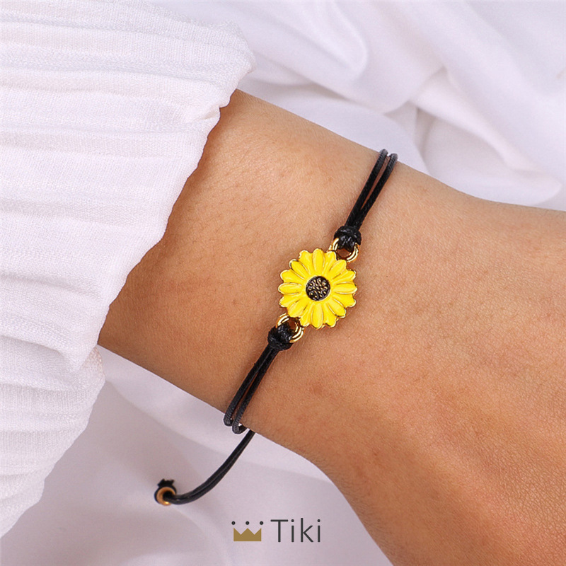 2pcs Gelang Tali Persahabatan Anyaman Krisan Bunga Matahari Fashion Wanita Korea Pria Adjustable Couple Bracelet Daisy Bracelet Hitam-2
