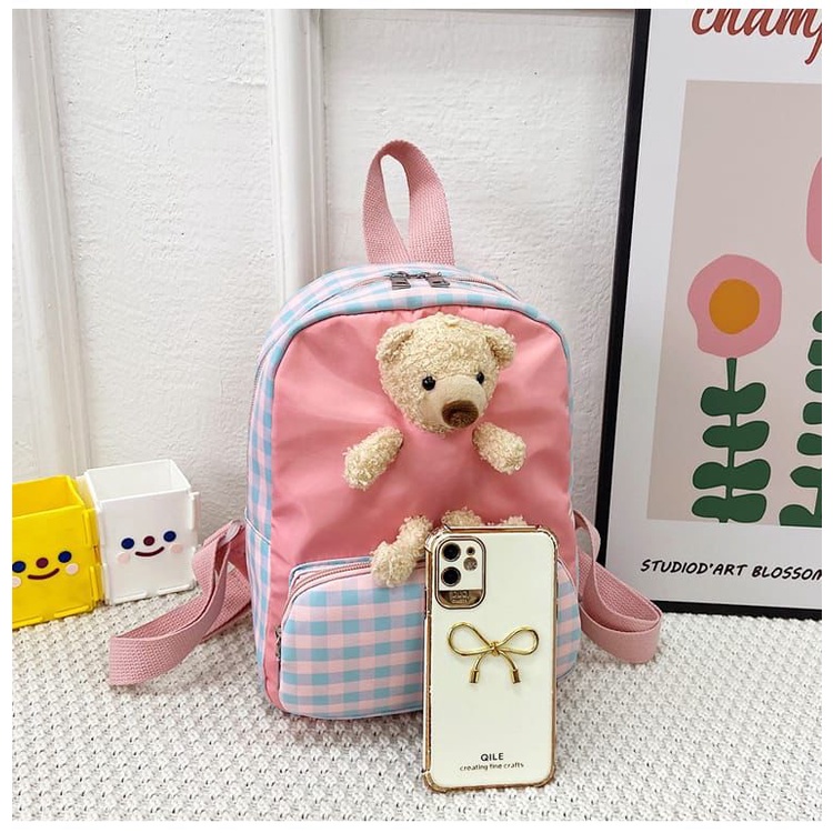 [Jualsemua18] Tas Ransel Anak Perempuan Aneka Bag Backpack Kotak-Kotak Teddy bear Fashion Kids