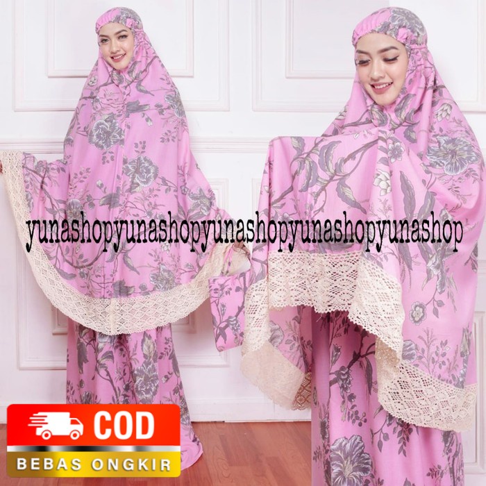 Mukena Dewasa Katun Jepang Floren Renda Adem Lembut Bonus Tas Cantik - Merah Muda