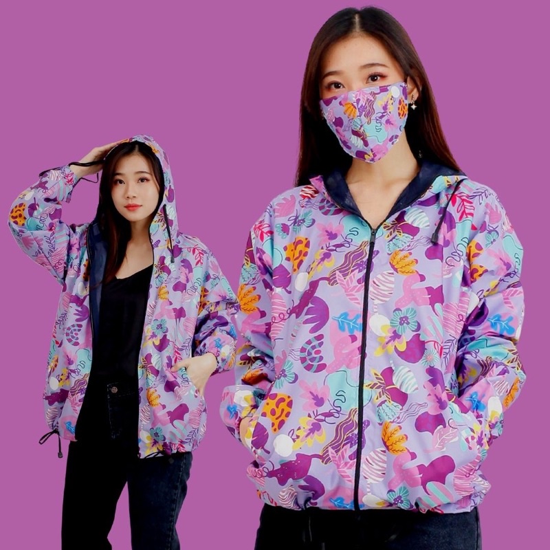 JAKET PARASUT PRINTING WANITA ANTI AIR WATERPROOF free masker OLAHRAGA SEPEDA-purple art
