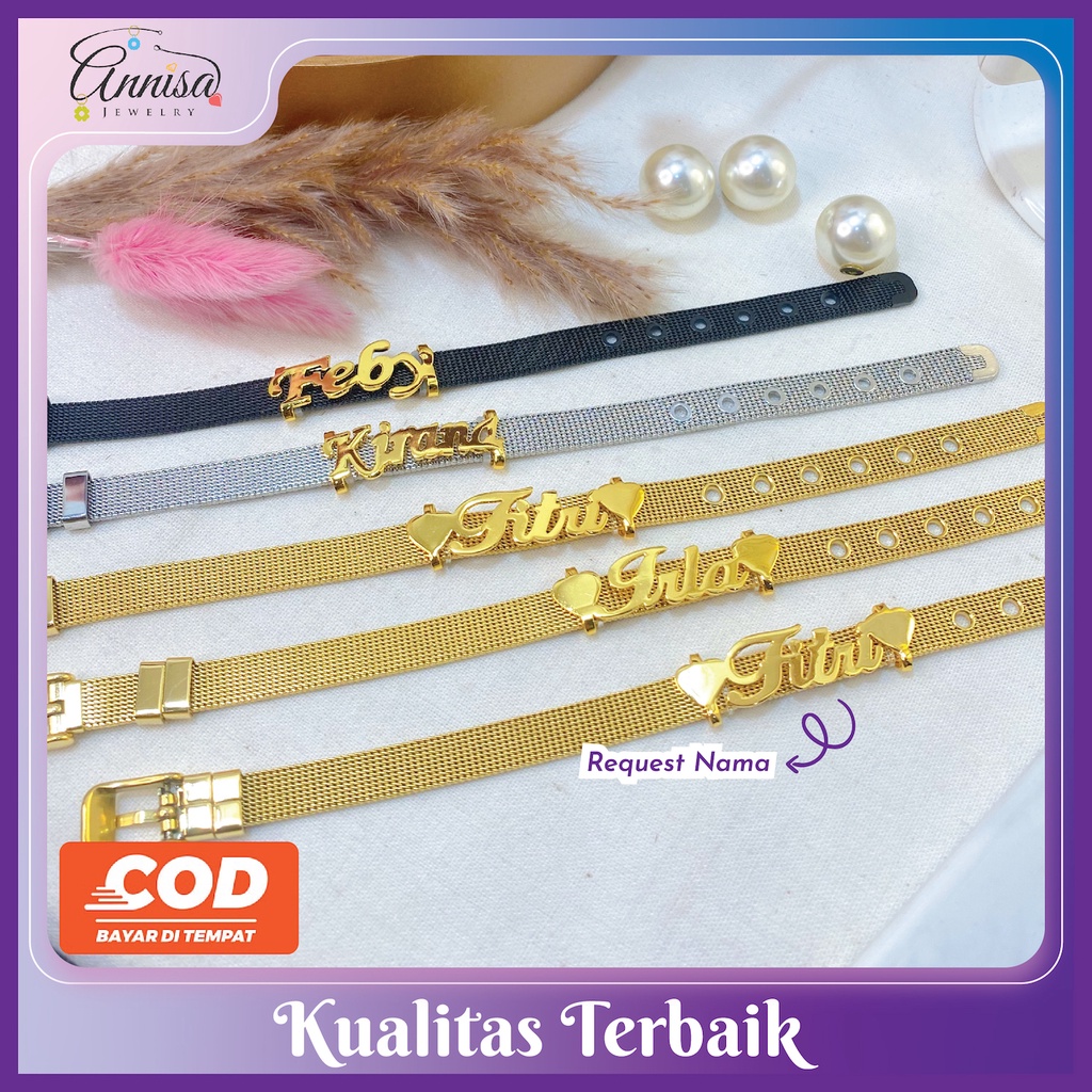 Gelang Nama Titanium/ Gelang Gesper Titanium Ukir Nama Gold/ Silver