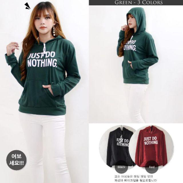 Terbaru!!! Sweater Hoodie Wanita / JUST DO  NOTHING /Ukuran XL/bahan Babyterry /bahan bagus-Hijau army