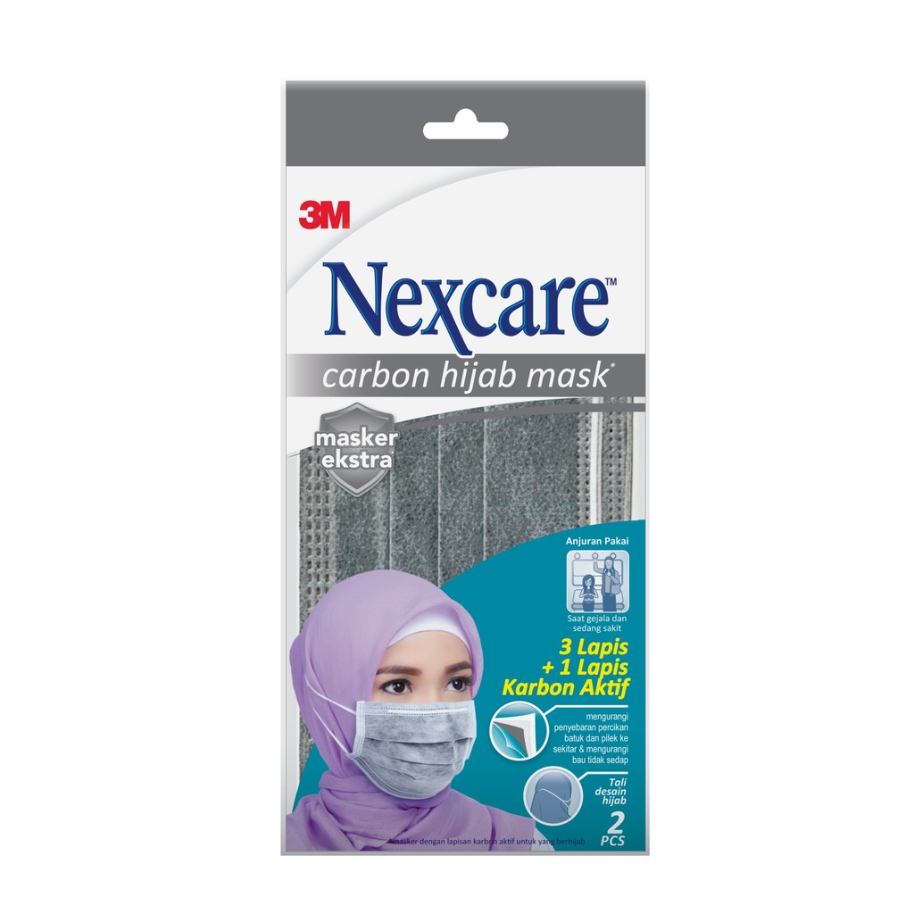 Nexcare 3M Masker Carbon Hijab 3 lapis Headloop 4 ply Mask 2 Pcs Daily Masker