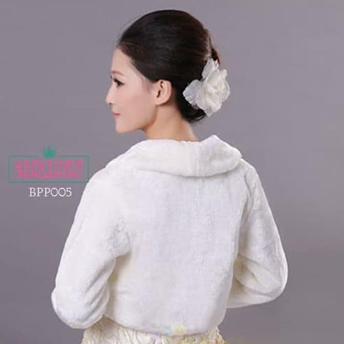 Ready  Bolero Bulu Lengan Panjang Pengantin L Cardigan Wedding Putih -Bbp 005