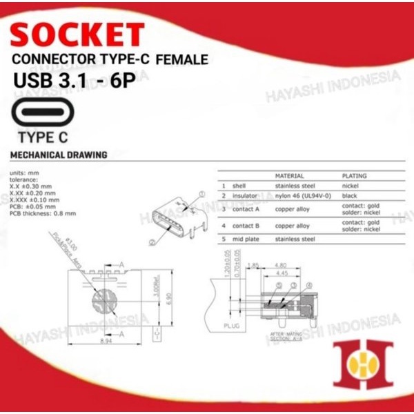 Socket Konektor Soket USB 3.1 Type C Female 6Pin PCB SMT HD Connector - 10pcs