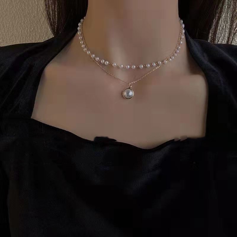 Kalung Choker Rantai Klavikula Double Layer Aksen Mutiara - Kalung Choker Mutiara