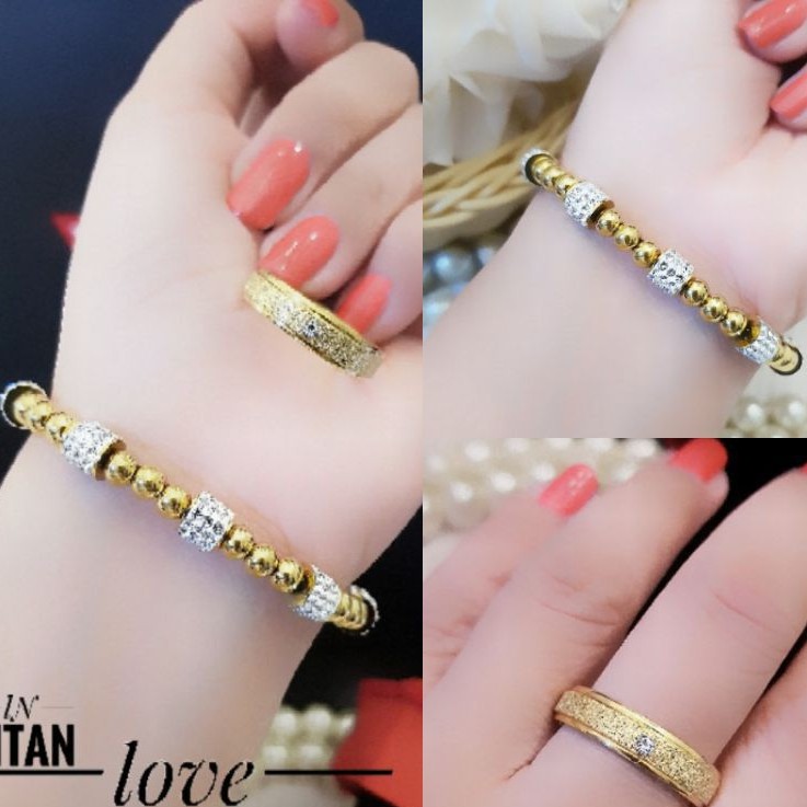 Titanium Set Gelang dan cincin motif butiran pasir Gold  Gc2453