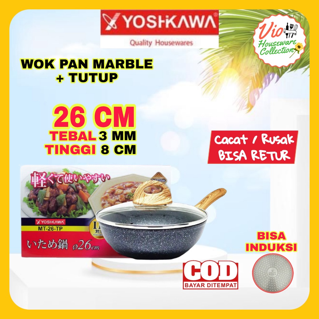Wok Pan Marble 26 Cm + Tutup Kaca / Wajan Teflon Anti Lengket / Penggorengan Tanpa Minyak