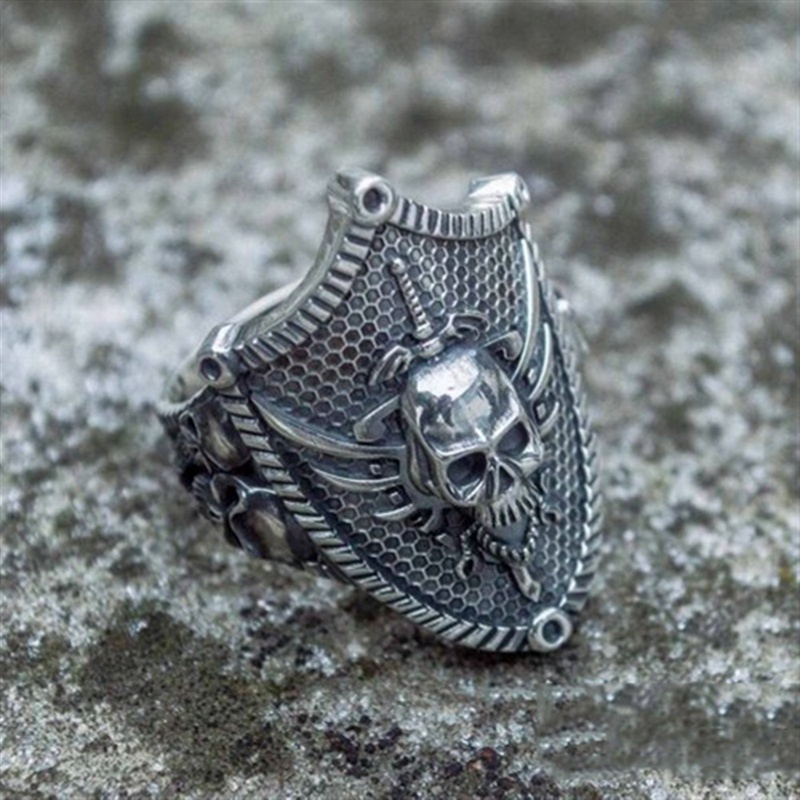 Pria Retro 316L Stainless Steel Tengkorak Pedang Perisai Cincin Gothic Punk Cincin