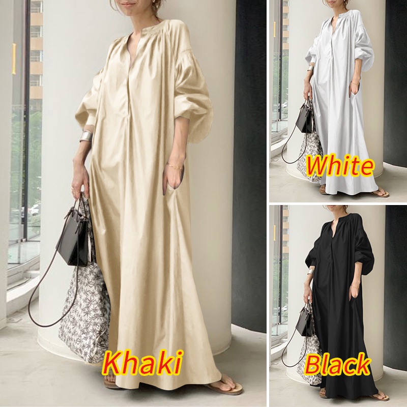 ZANZEA Women Collar V-Neck Puff Sleeve Solid Casual Maxi Dress