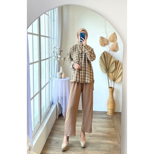 ONE SET CEY CRINKLE JUMBO STELAN SASYA KOTAK MOTIF KERAH KANCING BUSUI XXL BIGSIZE PGMTA GROSIR