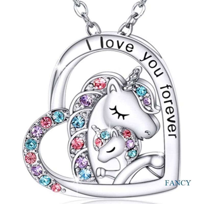 Kalung 925 Sterling Silver Dengan Liontin Bentuk Hati Motif I Love You Forever Mom Dan Baby Unicorn