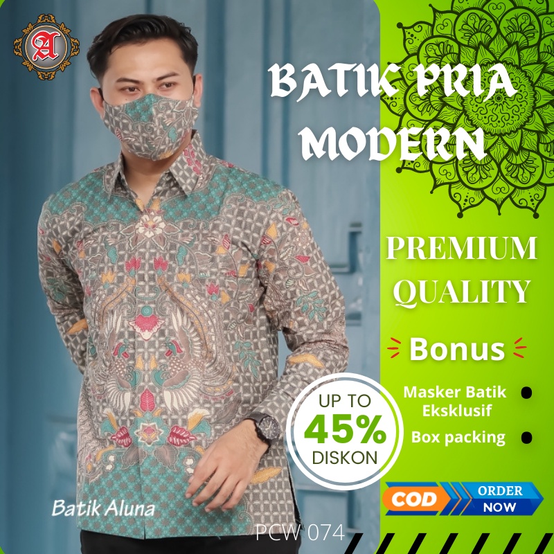 Kemeja Batik Pria Lengan Panjang Premium Lapis Furing Slim fit Modern Aluna Sragen Original Baju Ker