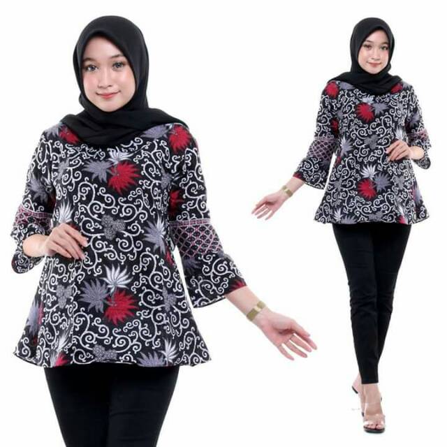 Best Seller Atasan Blouse Batik lengan Panjang Premium Motif Kembang Langit