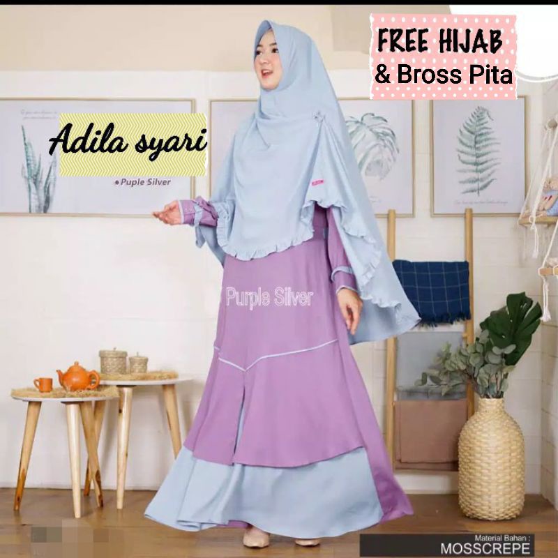 Baju Dress Gamis Syari Busui Wanita Muslim Kondangan Free Khimar Hijab Jilbab ADILA SYARI Warna Polo