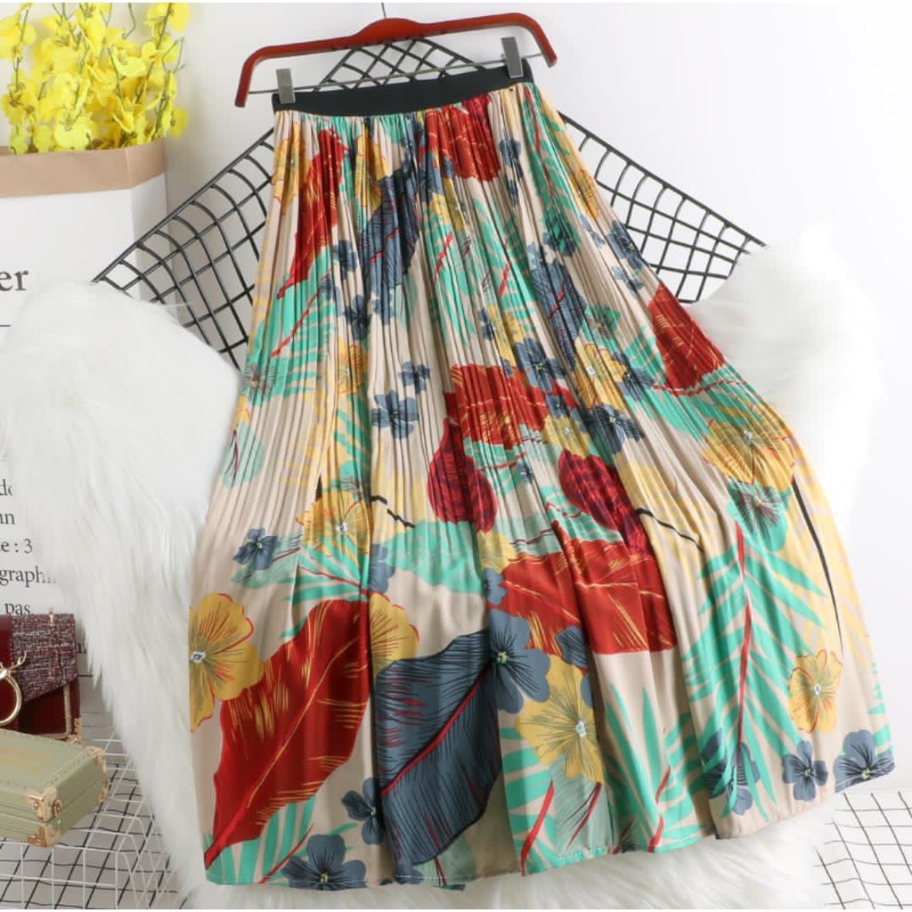 Rok Plisket Prisket Pastel/ Rok Import / Rok Bunga / Maxi Skirt Motif Bunga Floral Kuning