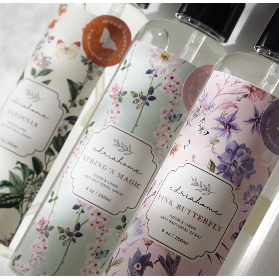 Edriahome Room and Linen Spray Butterfly Bundling 3pcs/ Spring in Provence Series/ Anti Bacterial/ Multipurpose Room and Pillow Spray / Fabric Spray / Bed Spray /  Pillow Spray /  Laundry Spray / Odor Eliminator / Pengharum Ruangan dan Kain