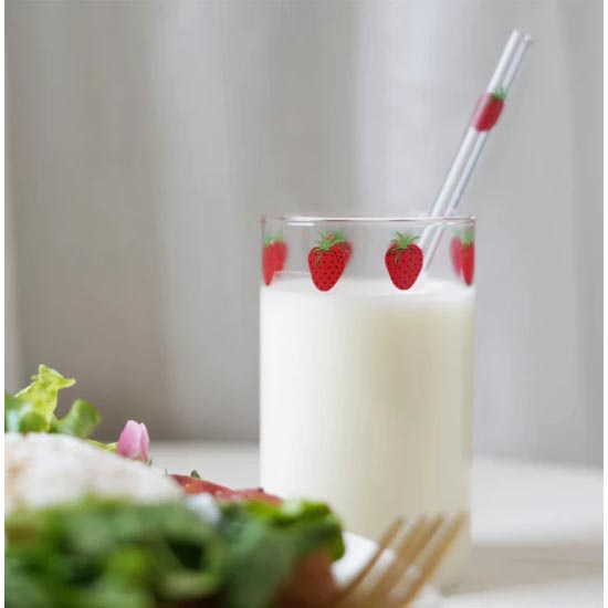 Gelas Jus Susu Motif Strawberry Borosilicate Glass dengan Sedotan 300ml - SR753 - Transparent