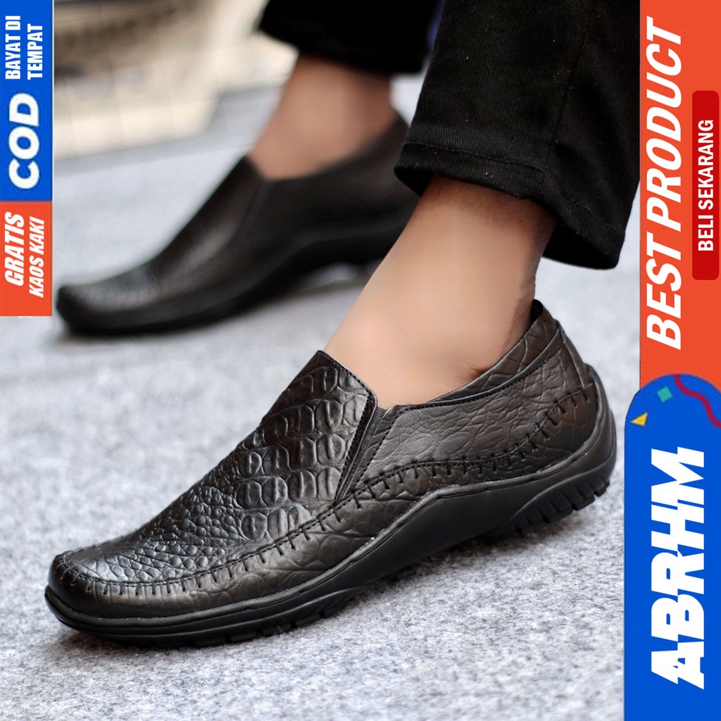 Sepatu Casual Pria Formal Slip On Pantofel Kulit Asli Kerja Kantor Kondangan Kuliah Hitam Fashion Shoes Terbaru Murah Kekinian Original CROCO ABRHM