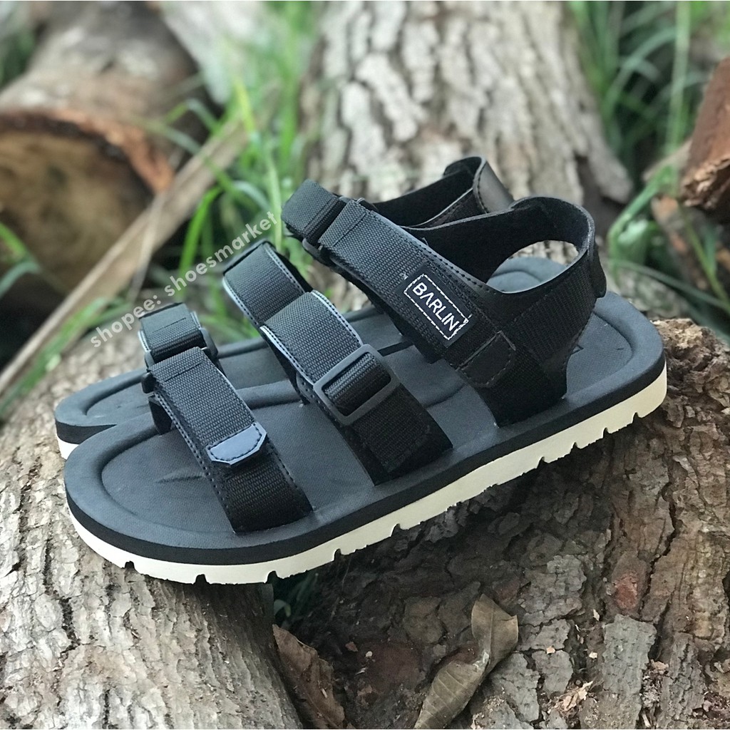 BISA BAYAR DITEMPAT (COD) SANDAL GUNUNG PRIA BLACK WHITE CASUAL SENDAL ORIGINAL BARLIN