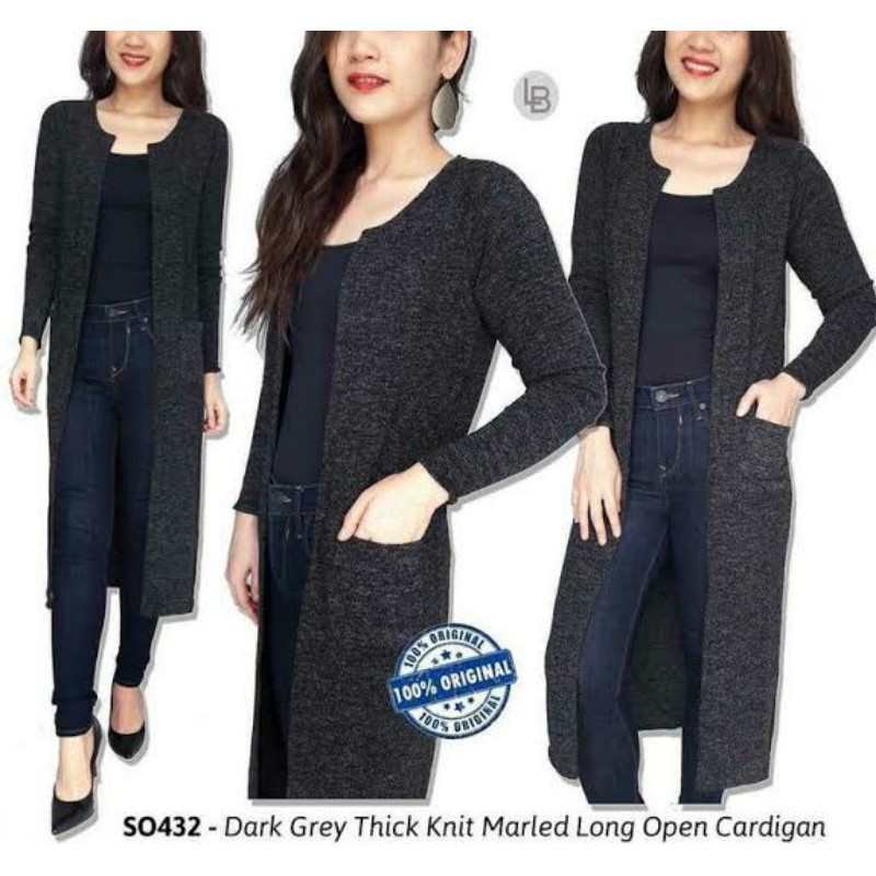 S Oliver Outerwear Dark Grey Thick Knit Marled Long Open Cardigan Branded