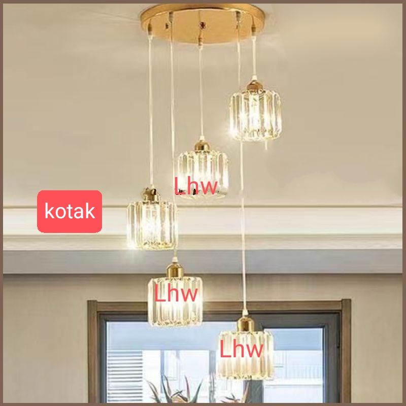 Lampu gantung kristal minimalis modern 5 in 1 kotak/bulat gold ruang tamu,tangga,cafe,dapur bersih