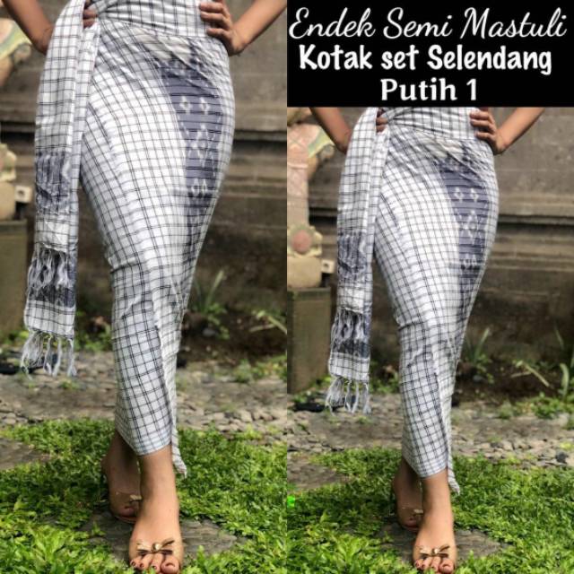 Kamen Bali grosir Kamen Bali Endek Semi Mastuli Kotak Set Selendang Putih Oleh Oleh Bali