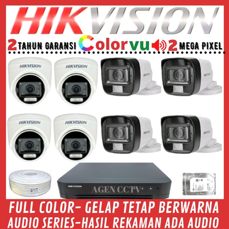 PAKET CCTV HIKVISION COLORVU 2MP 8 CHANNEL 8 KAMERA AUDIO FULL COLOR