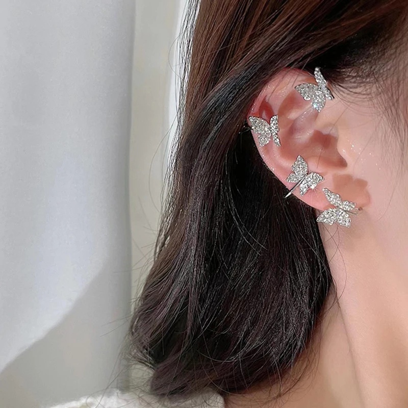 Anting Kait Desain Kupu-Kupu Bahan Logam Aksen Zirkon Gaya Korea Untuk Wanita