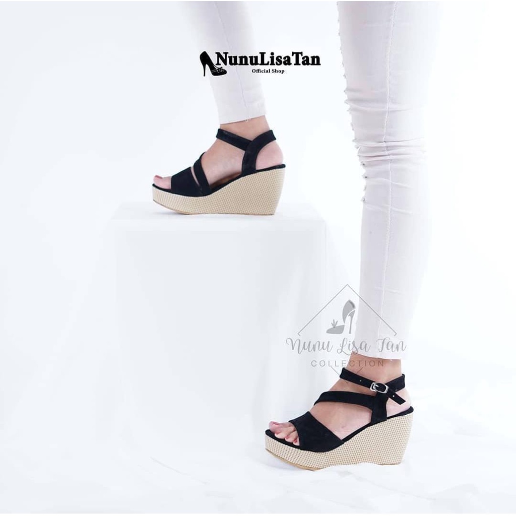 NunuLisaTan - Sepatu Hak Tali Wedges Wanita Terbaru FINALE 7cm hitam