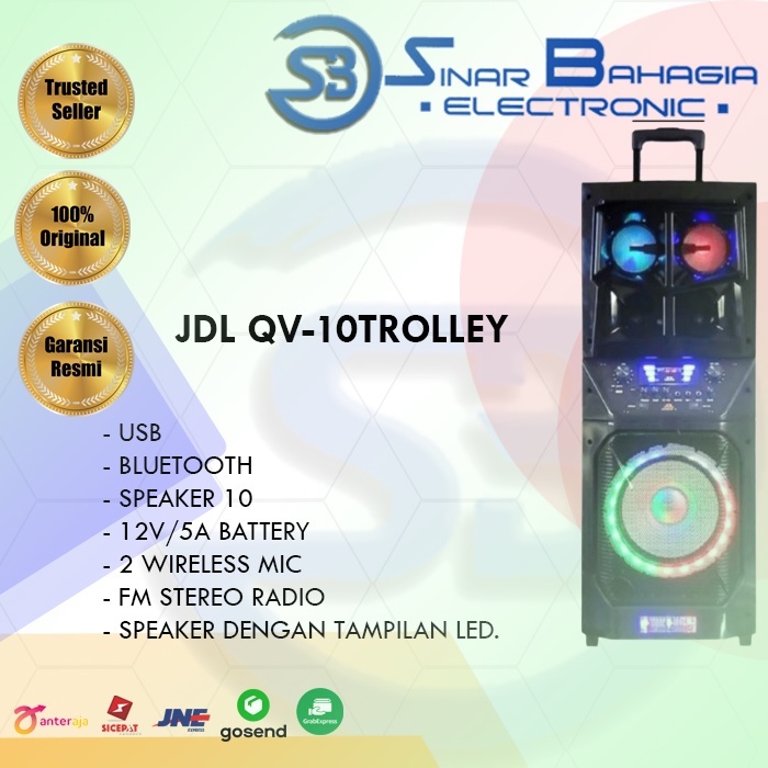 JDL QV-10TROLLEY SPEAKER BOX ,USB, 2 MIC BLUETOOTH 10 INCH (NEW) (KHUSUS BANDUNG)